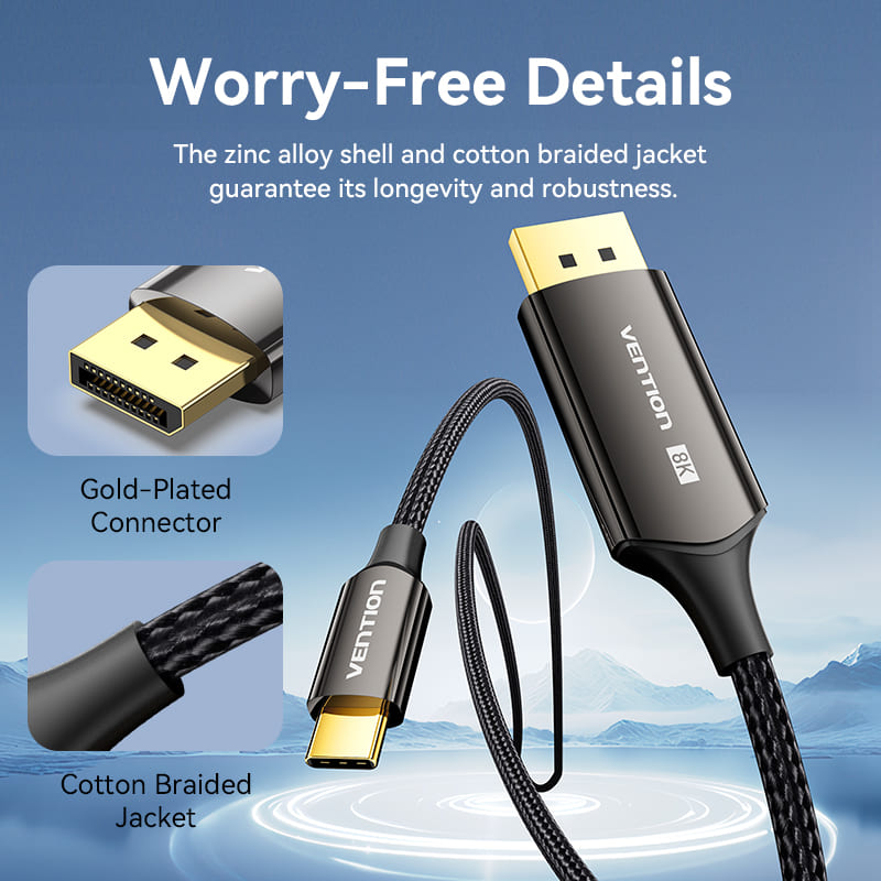 Cotton Braided 8K Bi-Directional USB-C Male to DisplayPort Male Cable