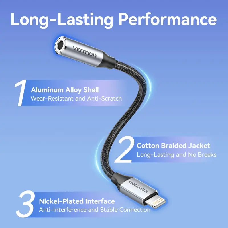 Vention Cotton Braided Lightning Male to 3.5MM Earphone Jack Adapter Aluminum Alloy Type - Vention