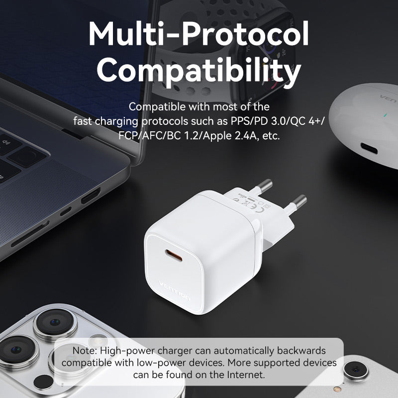<tc>Vention</tc> Cargador GaN USB-C de 1 puerto y 30 W con enchufe europeo.
