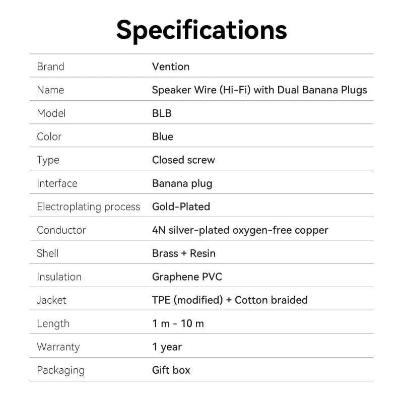 Vention Speaker Wire (Hi-Fi) with Dual Banana Plugs - Vention