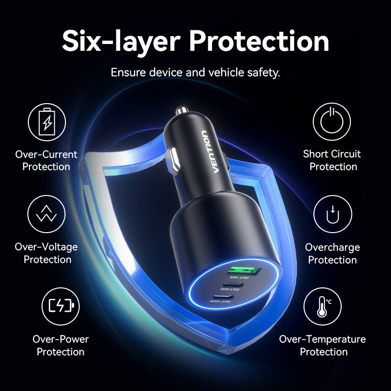 <tc>Vention</tc> Chargeur de voiture à trois ports USB C+C+A (100 W + 30 W + 18 W) en ABS noir