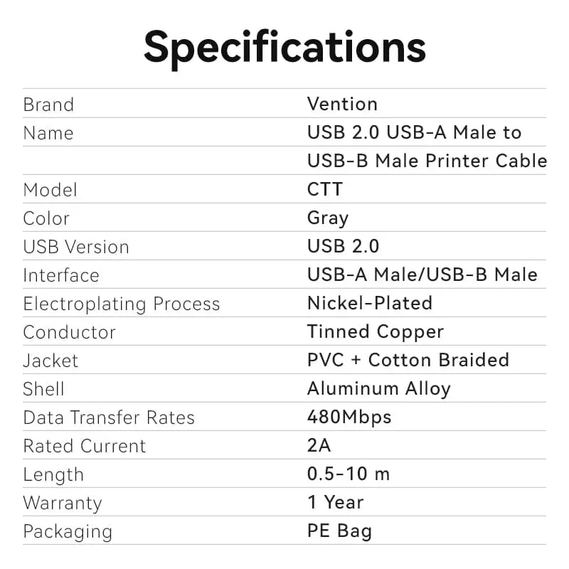 Vention USB 2.0 Type-A Male to Type-B Male Printer Cable - Vention