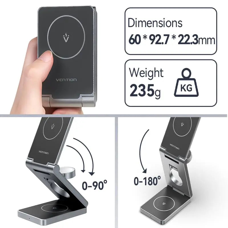 Vention 3‑in‑1 15W Wireless Charger Stand with MagSafe Gray - Vention