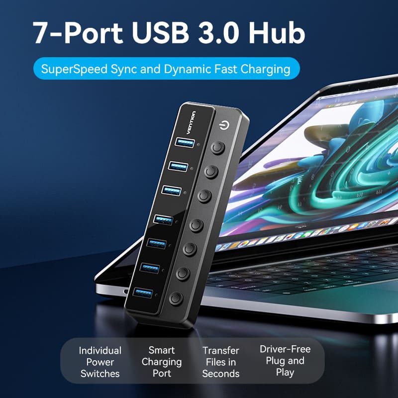 Vention 8-in-1 USB 3.0 Type-B Hub with Individual Power Switches