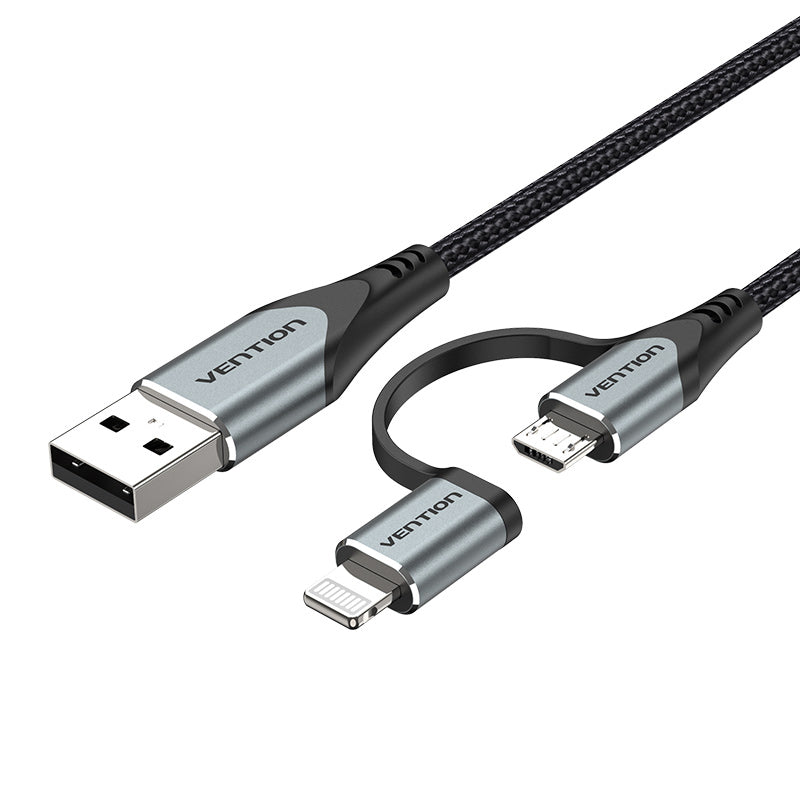 <tc>Vention</tc> USB 2.0 A-Stecker auf 2-in-1 Micro-B- und Lightning-Steckerkabel, Aluminiumlegierung