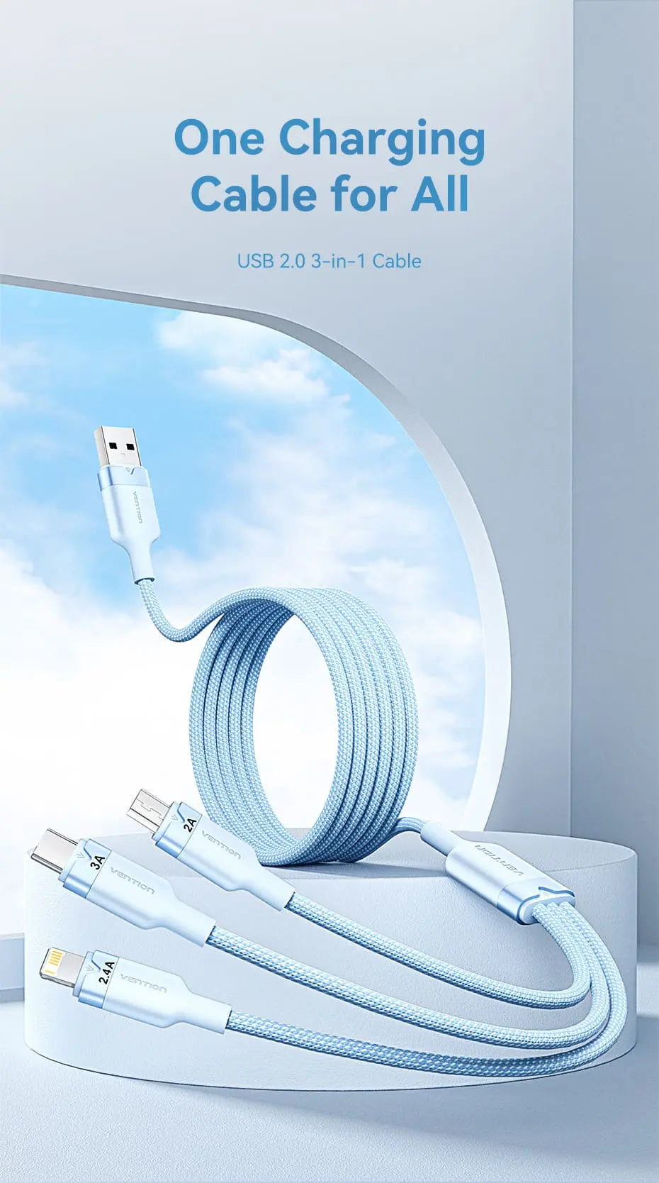 Vention USB 2.0 A Male to 3-in-1 USB-C & Lightning & Micro-B Male 3A Cable Aluminum Alloy Type - Vention