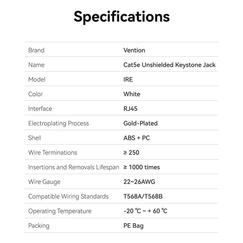 Vention Cat5e Unshielded Keystone Jack - Vention