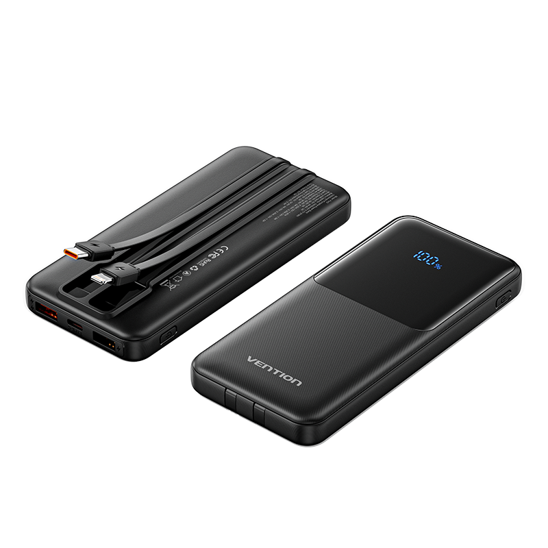 Vention 10000mAh Power Bank with Built-in USB-C and Lightning Cables 22.5W Black LED Display Universal Type