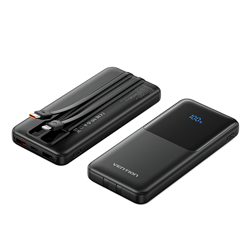 Vention 10000mAh Power Bank with Built-in USB-C and Lightning Cables 22.5W Black LED Display Universal Type - Vention