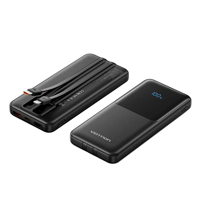 Vention 10000mAh Power Bank with Built-in USB-C and Lightning Cables 22.5W Black LED Display Universal Type - Vention