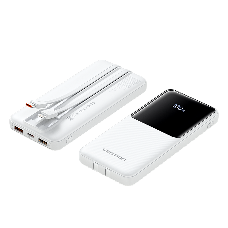 Vention 10000mAh Power Bank with Built-in USB-C and Lightning Cables 22.5W Black LED Display Universal Type
