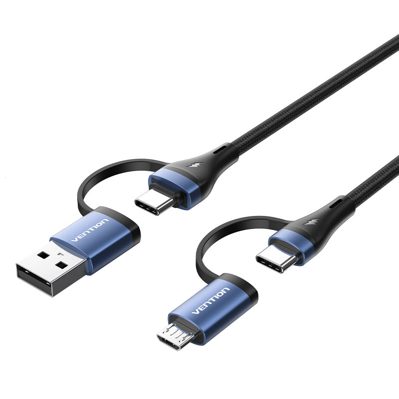 USB 2.0 tipo A macho trenzado de algodón 4 en 1 + USB-C macho a USB-C macho + Micro tipo B macho 5A Cable 1/1.5/2M Tipo de aleación de aluminio azul