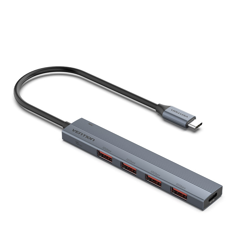 Mini concentrador USB-C a USB 3.2 Gen 2 tipo A x 4 con puerto de fuente de alimentación USB-C Tipo de aleación de aluminio gris de 0,15/0,25 M
