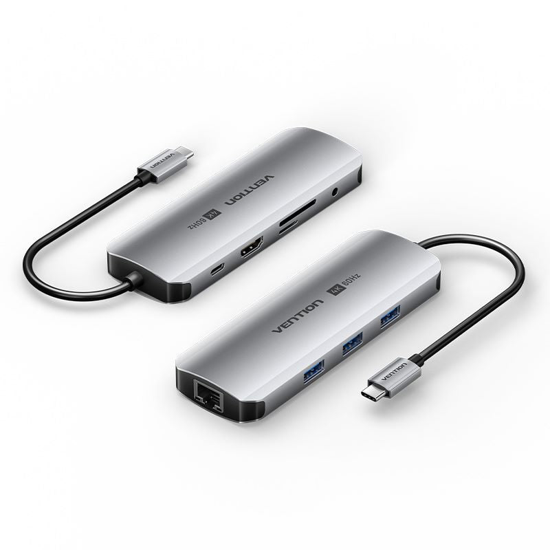 USB-C to HDMI/USB 3.0 x 3/RJ45/SD/TF/TRRS 3.5mm/PD Docking Station 0.15M Gray Aluminum Alloy Type