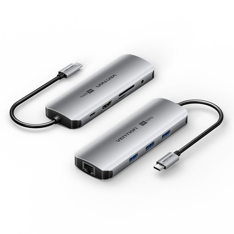 USB-C a HDMI/USB 3.0 x 3/RJ45/SD/TF/TRRS 3.5mm/PD Tipo de aleación de aluminio gris de la estación de acoplamiento los 0.15M