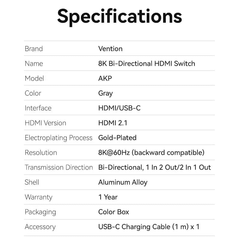 Vention 2-Port Bi-Directional 8K HDMI™ Switcher Gray Aluminium Alloy Type - Vention