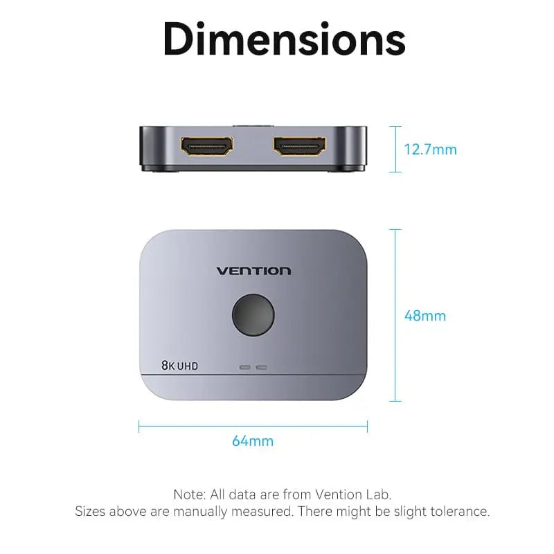Vention 2-Port Bi-Directional 8K HDMI™ Switcher Gray Aluminium Alloy Type - Vention