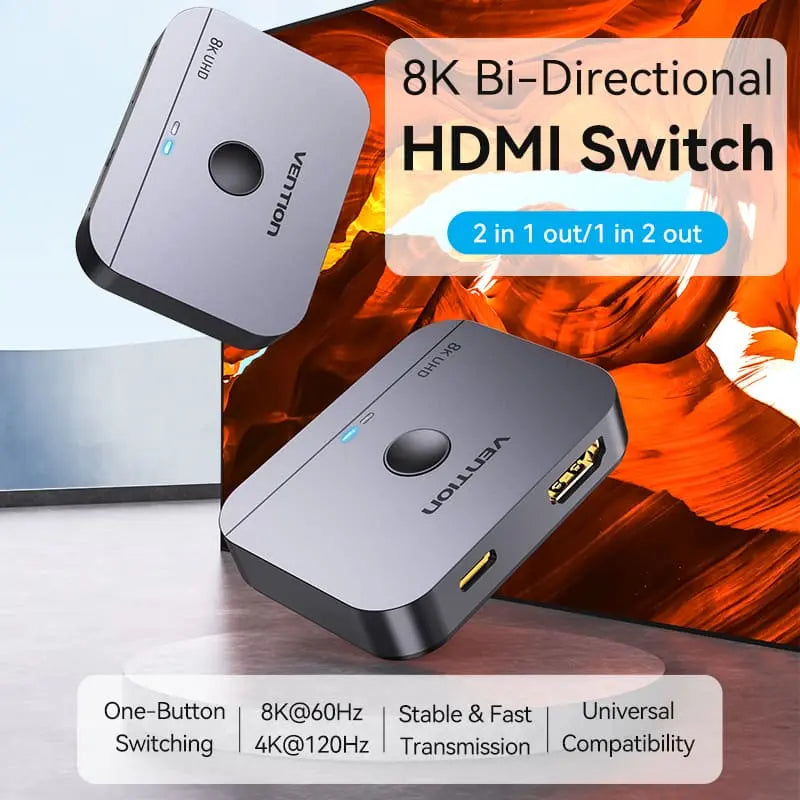 Vention 2-Port Bi-Directional 8K HDMI™ Switcher Gray Aluminium Alloy Type - Vention