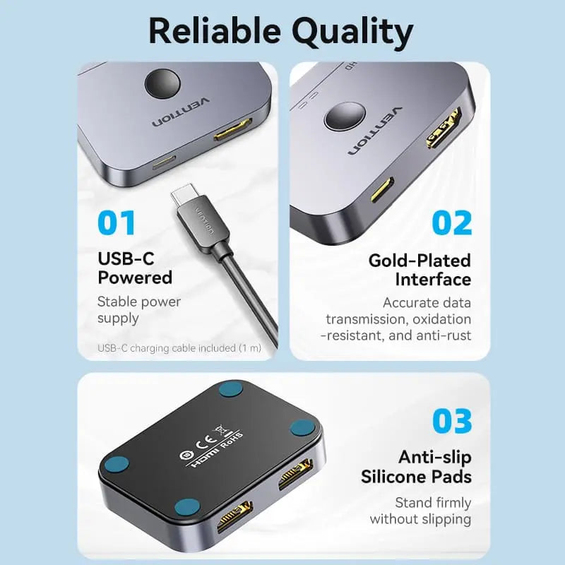 Vention 2-Port Bi-Directional 8K HDMI™ Switcher Gray Aluminium Alloy Type - Vention