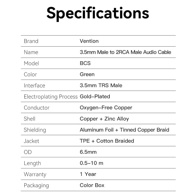 Vention Cotton Braided 3.5mm Male to 2RCA Male Audio Cable 0.5/1/1.5/2/3/5/8/10M Green Copper Type