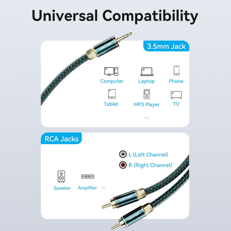 Vention Cotton Braided 3.5mm Male to 2RCA Male Audio Cable 0.5/1/1.5/2/3/5/8/10M Green Copper Type