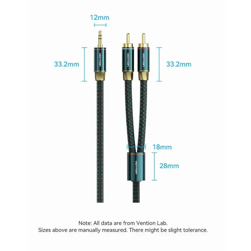 Vention Cotton Braided 3.5mm Male to 2RCA Male Audio Cable 0.5/1/1.5/2/3/5M Green Copper Type - Vention