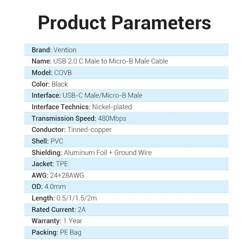 Vention USB 2.0 C Male to Micro-B Male 2A Cable - Vention