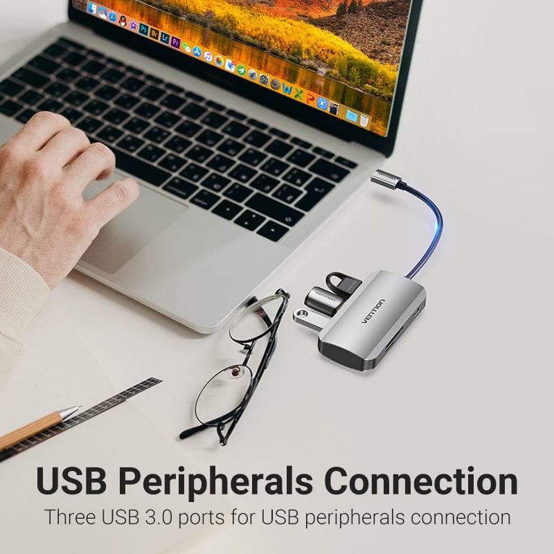 Vention USB-C to USB3.0x3/SD/TF/PD Hub 0.15M Gray Aluminum Alloy Type