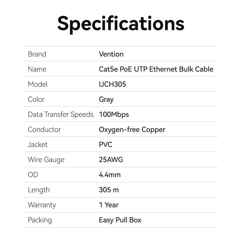 Vention UTP Lan Cable for CCTV Camera 305M Gray