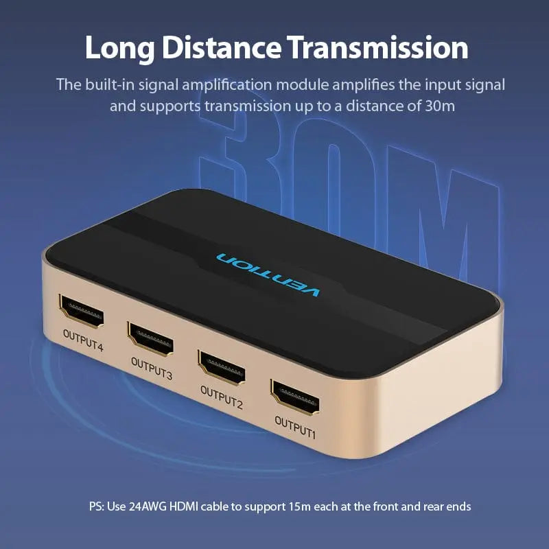 Vention 1 In 4 Out HDMI™ Splitter 4K@30Hz Gold Aluminum Alloy Type EU Standard - Vention