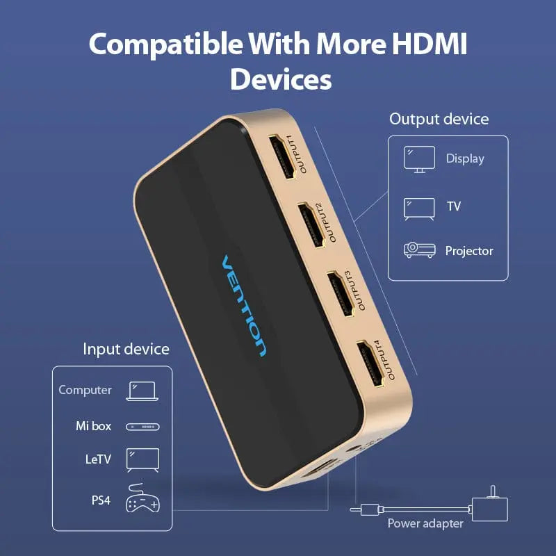 Vention 1 In 4 Out HDMI™ Splitter 4K@30Hz Gold Aluminum Alloy Type EU Standard - Vention