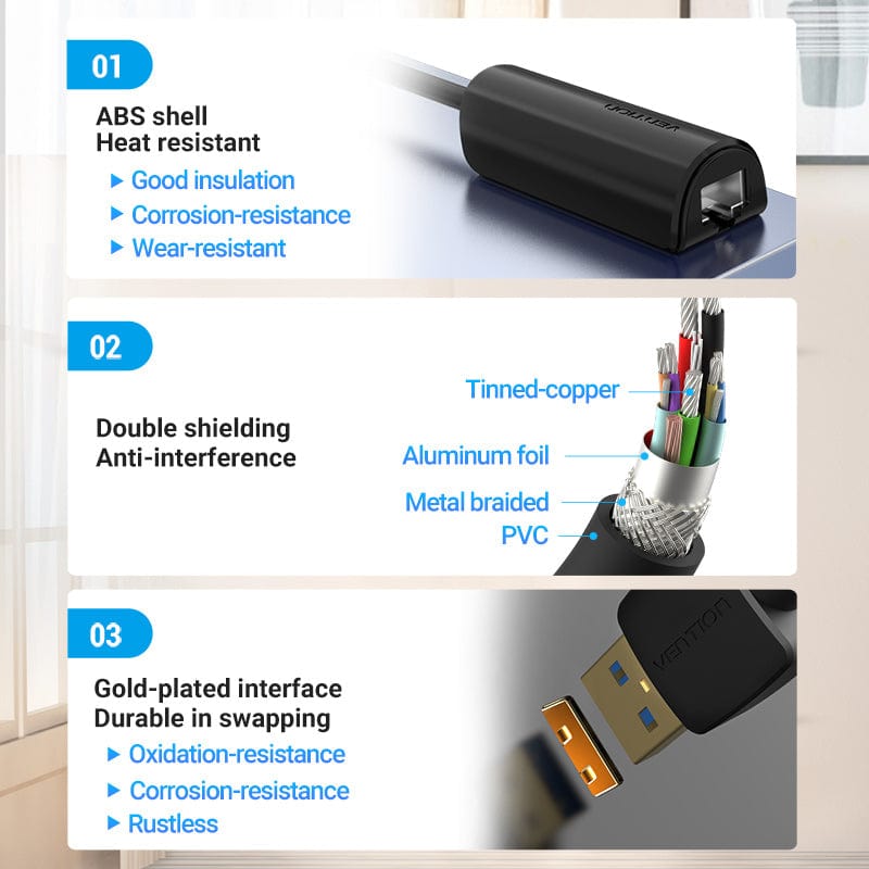 VENTION 速卖通 1000Mbps-Aluminum Vention USB 3.0-A to Gigabit Ethernet Adapter Gray 0.15M Aluminum Alloy Type