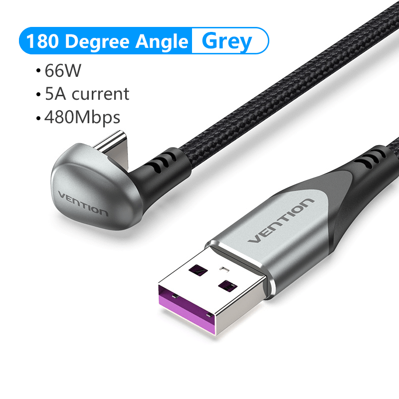 VENTION 速卖通 180 Degree Grey / 0.5m 66W USB Type C Cable for Huawei P40 P30 5A 180°Angle Fast Charging Wire for Nintendo Switch Xiaomi U shaped USB C Cable