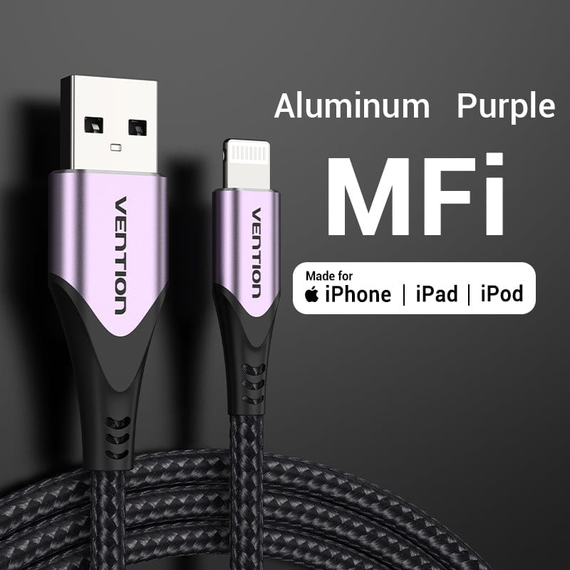 VENTION 速卖通 Aluminum Purple / 0.5m MFi USB Cable for iPhone 12 Max 11 Xs X 8 Plus USB Charge for iPhone 12 Mini 2.4A Fast Charging USB Charger Data Cable