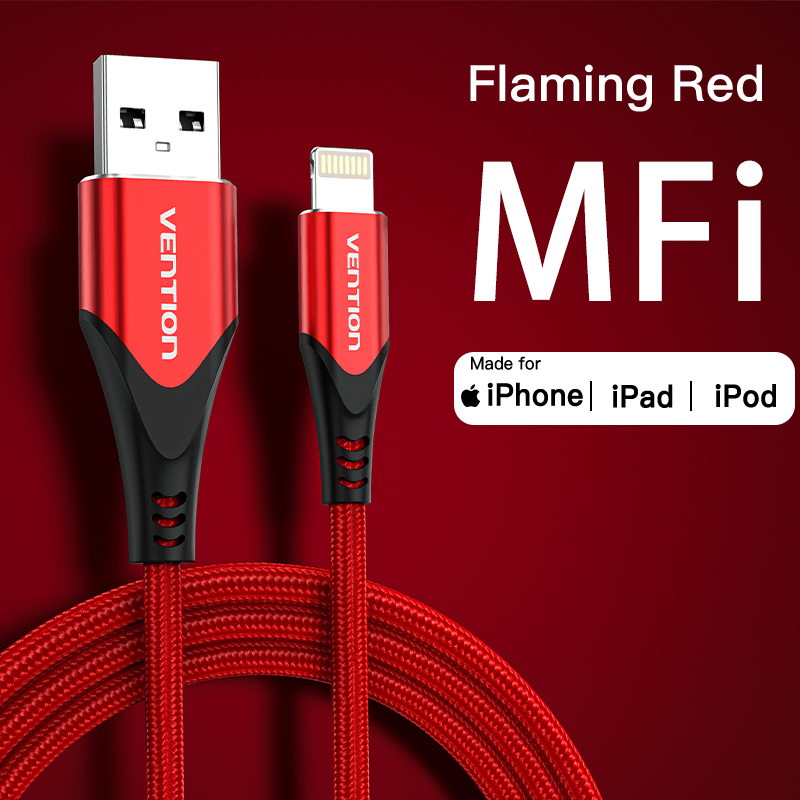 VENTION 速卖通 Aluminum Red / 0.5m MFi USB Cable for iPhone 12 Max 11 Xs X 8 Plus USB Charge for iPhone 12 Mini 2.4A Fast Charging USB Charger Data Cable