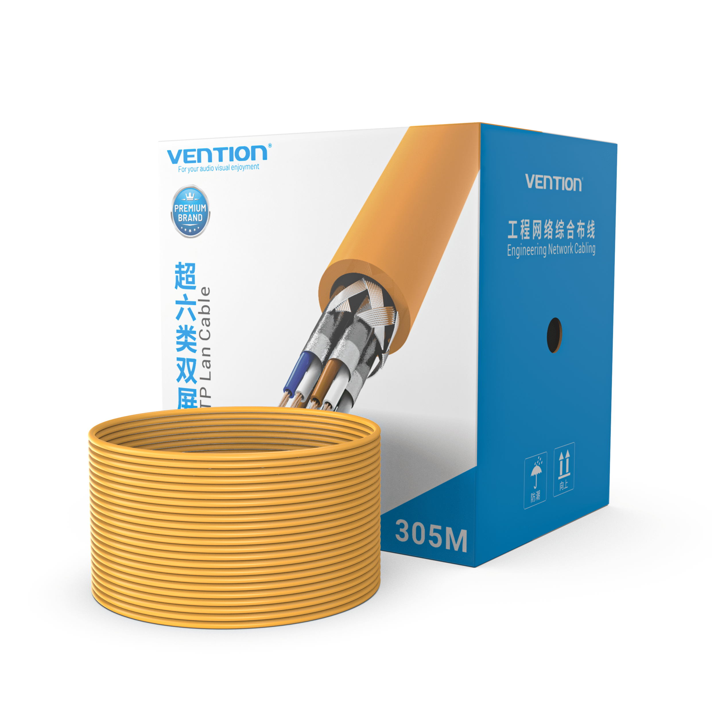 VENTION 速卖通 Cat.6A SFTP Yellow 305M Ethernet Cable 10Gbps Cat7 STP LSZH Shielded Riser Network Cord for Home Router Switch 1000ft Reel RJ45 Pacth Cable