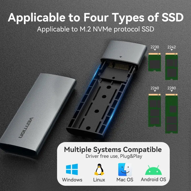 Vention M.2 NVMe SSD Enclosure (USB 3.1 Gen 2-C) Gray Aluminum Alloy Type - Vention