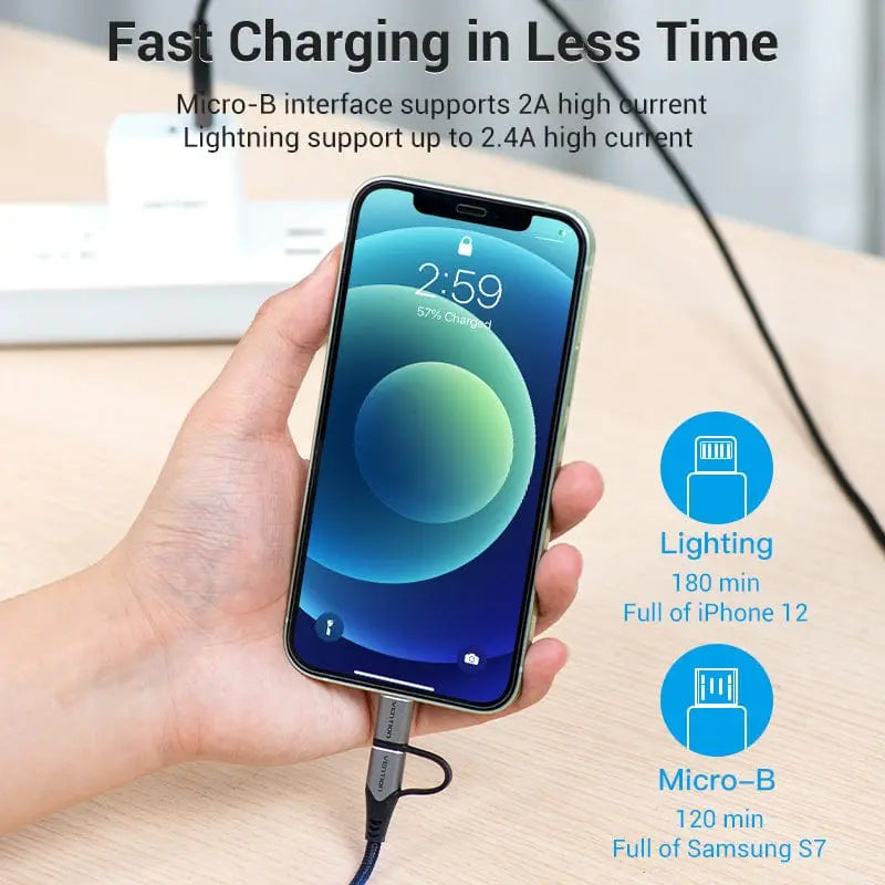 Vention USB 2.0 A Male to 2-in-1 Micro-B&Lightning Male Cable Aluminum Alloy Type - Vention