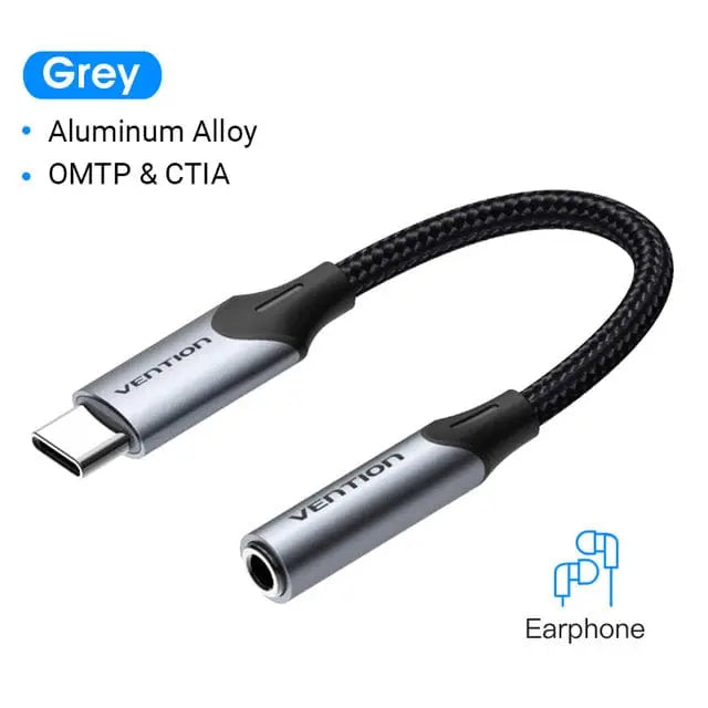 Vention Cotton Braided USB-C Male to 3.5MM Earphone Jack Adapter Aluminum Alloy Type - Vention