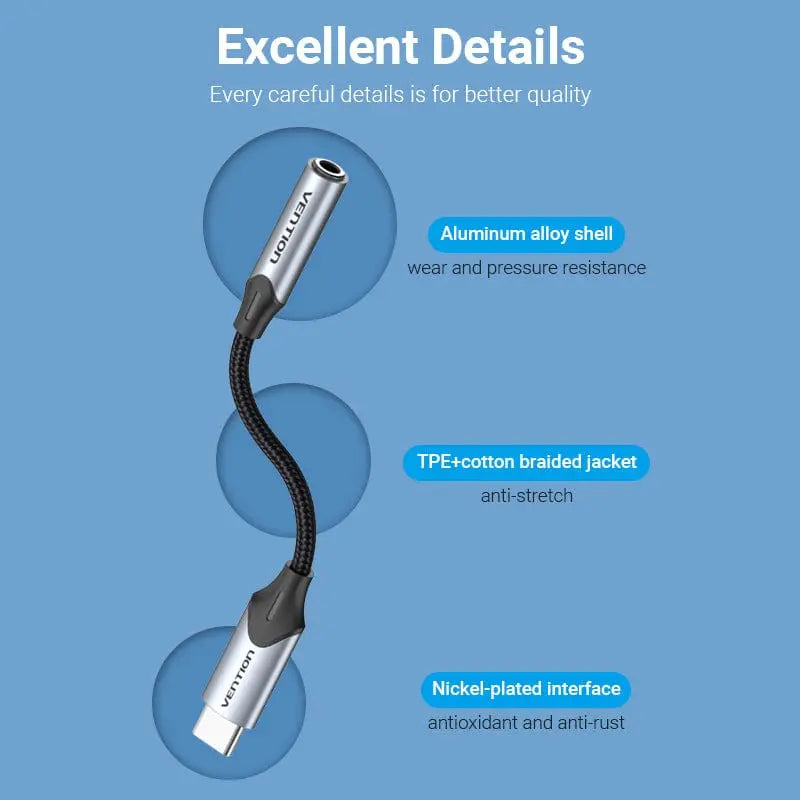 Vention Cotton Braided USB-C Male to 3.5MM Earphone Jack Adapter Aluminum Alloy Type - Vention