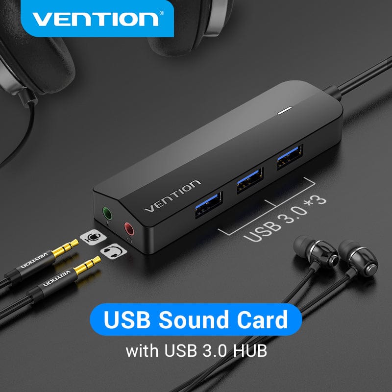 VENTION 速卖通 USB 3.0 HUB-0.15M USB 3.0 Hub 3 Ports USB Sound Card 2 in 1 External Stereo Audio Adapter 3.5mm with Headphone Microphone USB Sound Card