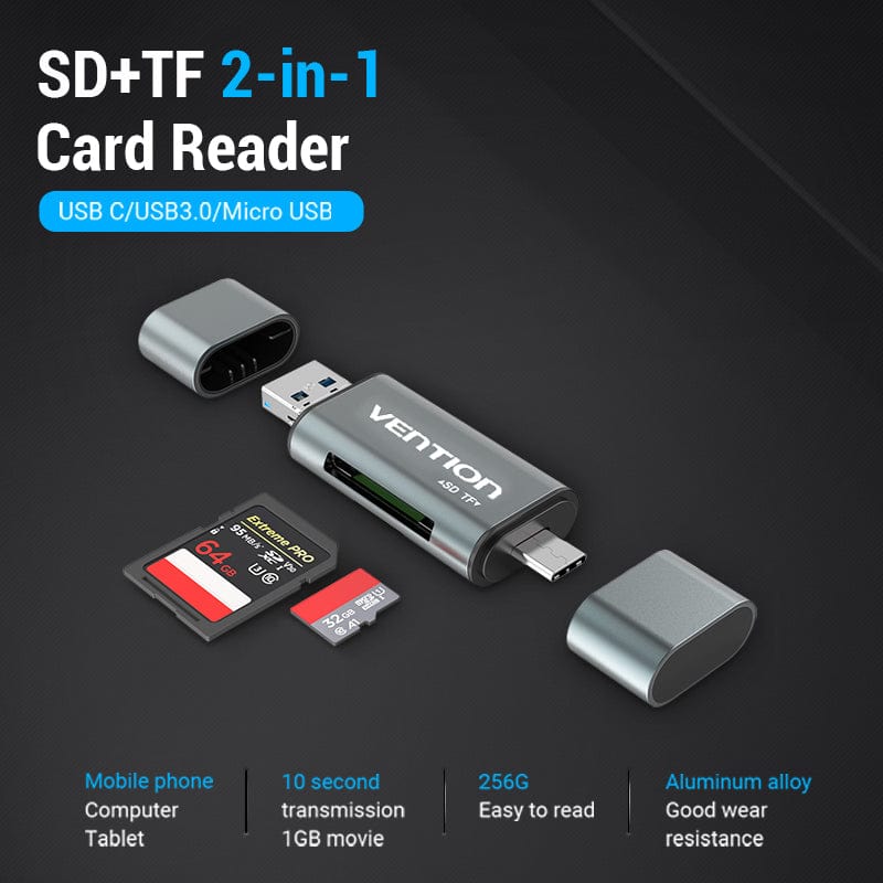VENTION 速卖通 USB 3.0 Micro SD Card Reader Adapter Type C Micro USB SD Memory Card Adapter for MacBook Laptop USB 3.0 SD/TF OTG Card Reader
