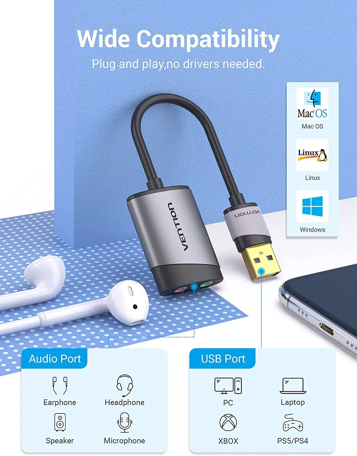 Vention USB External Sound Card 0.15M Gray Metal Type - Vention