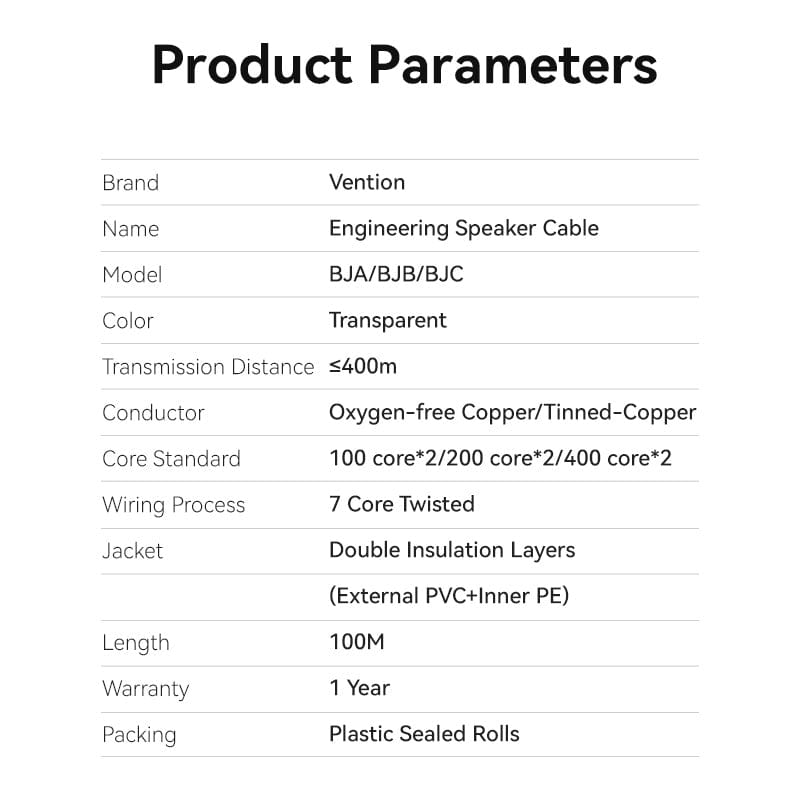 VENTION 2*100 Core Engineering Speaker Cable 100M Transparent