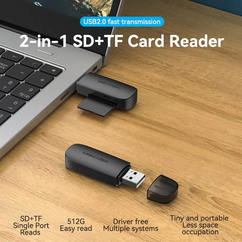 Vention 2-in-1 USB 2.0 A Card Reader(SD+TF) Black Single Drive Lette - Vention