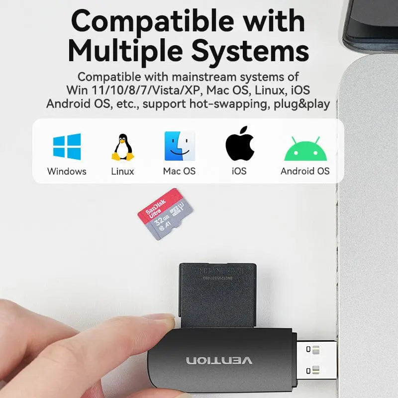 Vention 2-in-1 USB 2.0 A Card Reader(SD+TF) Black Single Drive Lette - Vention