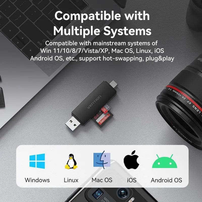 Vention 2-in-1 USB 3.0 A+C Card Reader(SD+TF) Black Dual Drive Letter - Vention