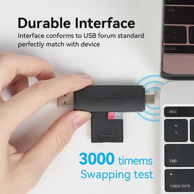 Vention 2-in-1 USB 3.0 A+C Card Reader(SD+TF) Black Dual Drive Letter - Vention