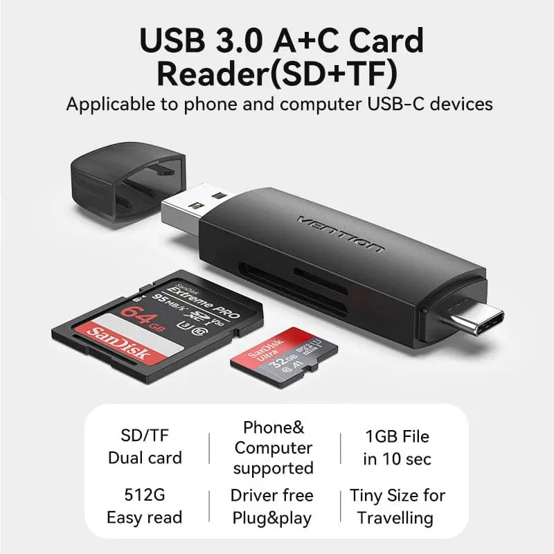 Vention 2-in-1 USB 3.0 A+C Card Reader(SD+TF) Black Dual Drive Letter - Vention