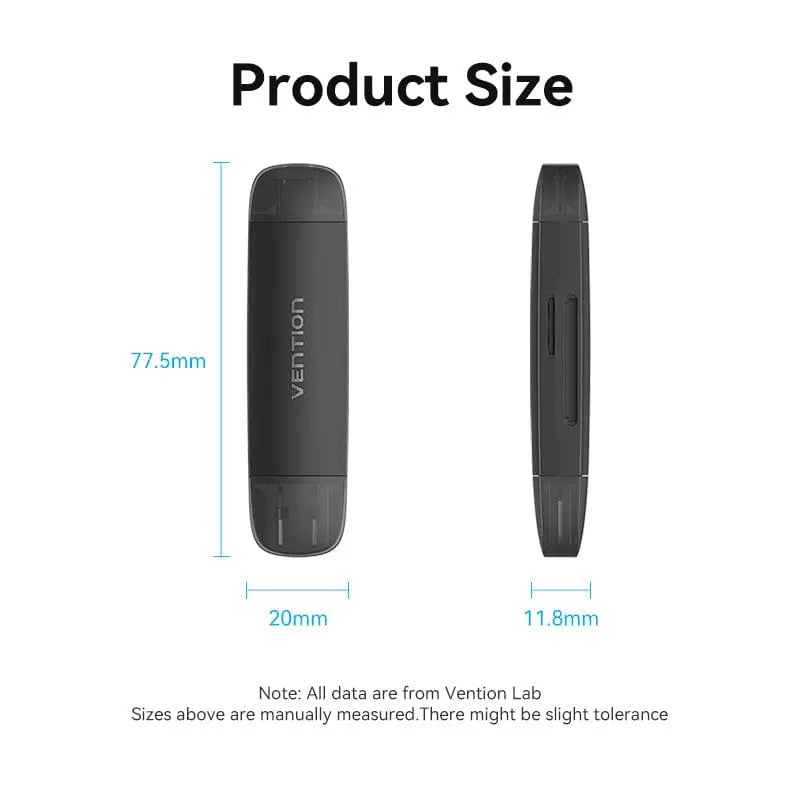 Vention 2-in-1 USB 3.0 A+C Card Reader(SD+TF) Black Dual Drive Letter - Vention